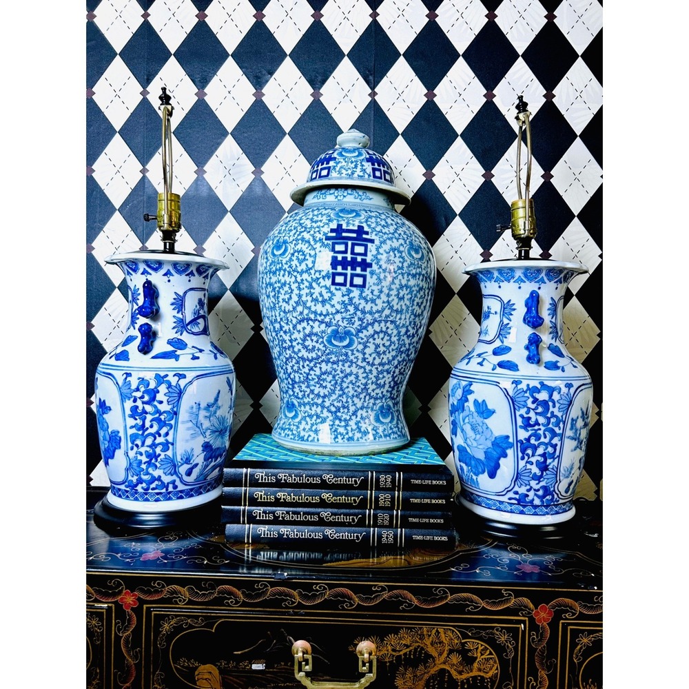 Chinoiserie Blue White Porcelain Lamp Pair Foo Dog Handles 26in - Picture 15 of 17